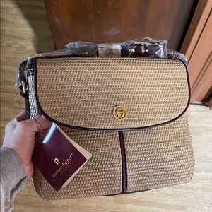 Etienne Aigner Tan Woven /straw Shoulder Bag with Gold Logo